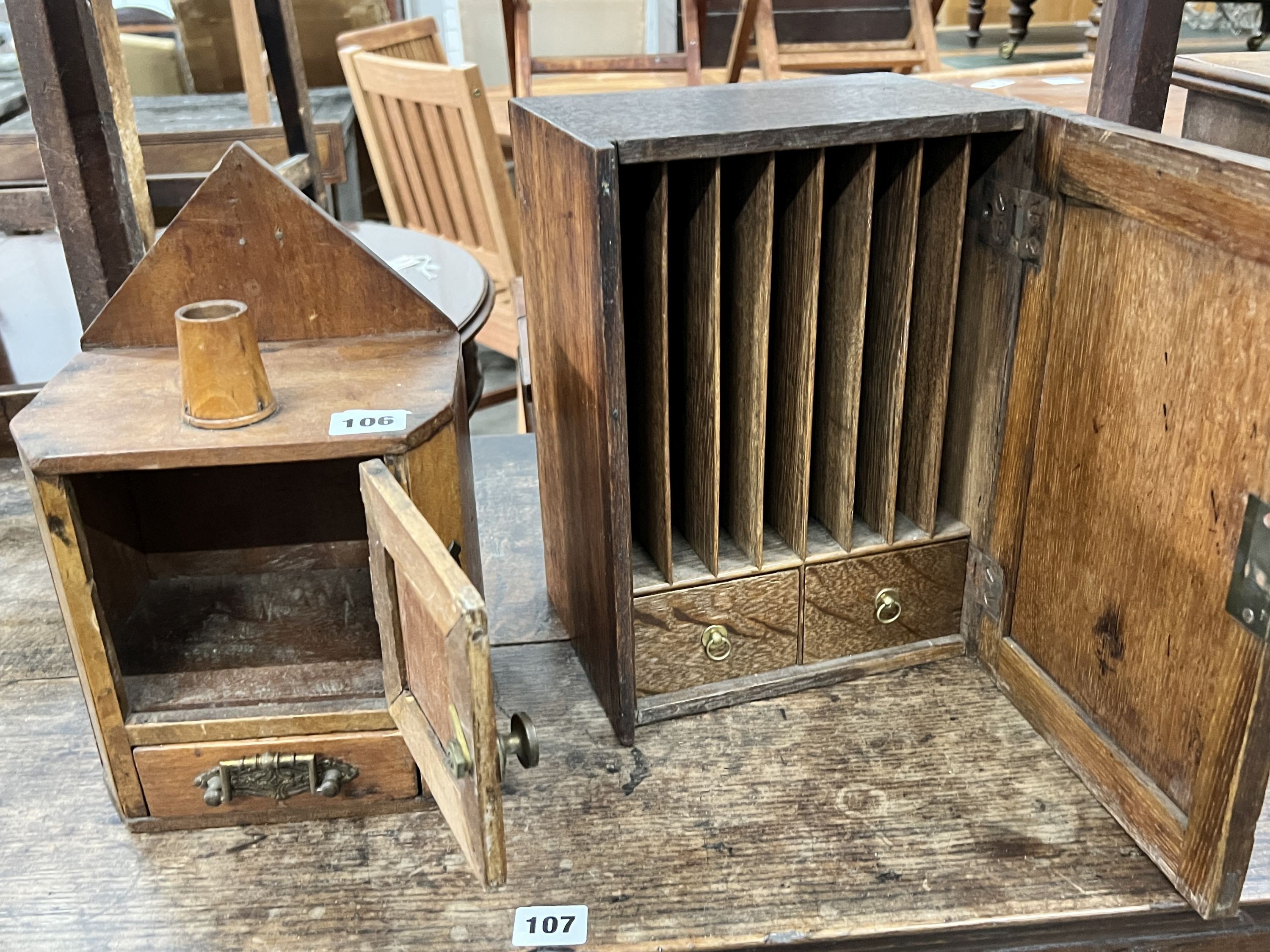 A Victorian oak stationery box, height 30cm, together with one other